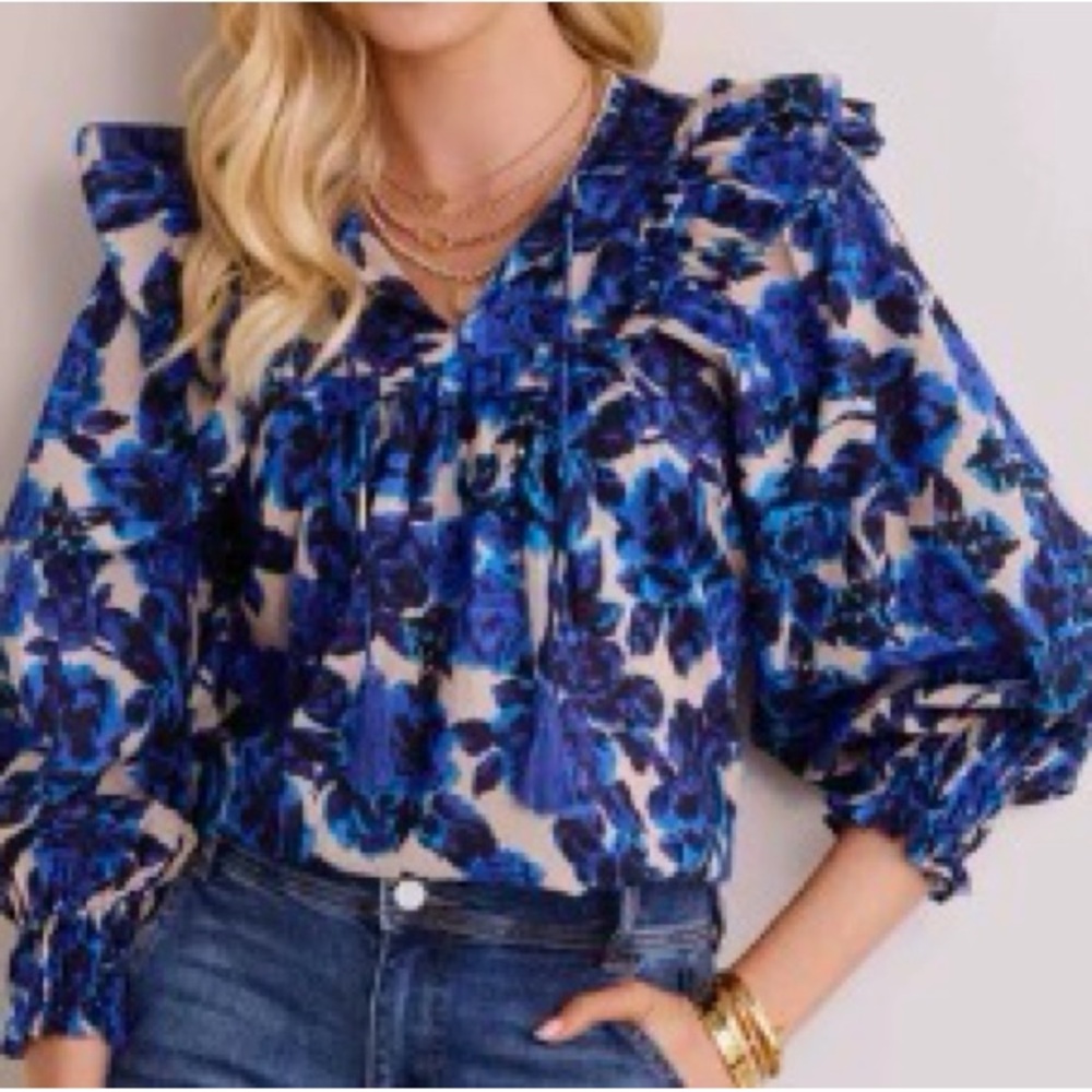 Olivaceous Blue Floral Print Blouse
